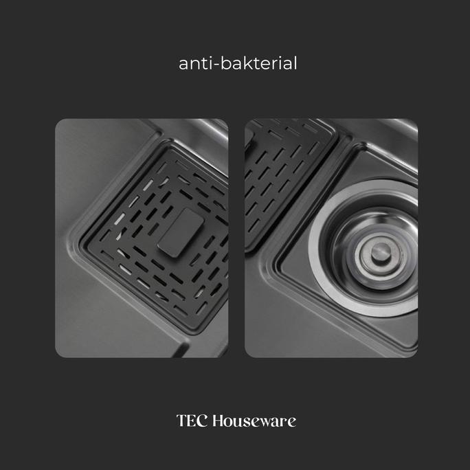 TecJuno Kitchen Sink Stainless Steel 304 Matte Grey Rainfall Set Wastafel Dapur Lengkap Tarik Adjust