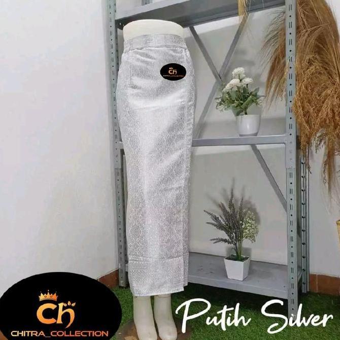 Rok Span Songket Kebaya Wanita//Rok Songket Jadi/Rok Span Songket Belah Samping Karet Pinggang Putih
