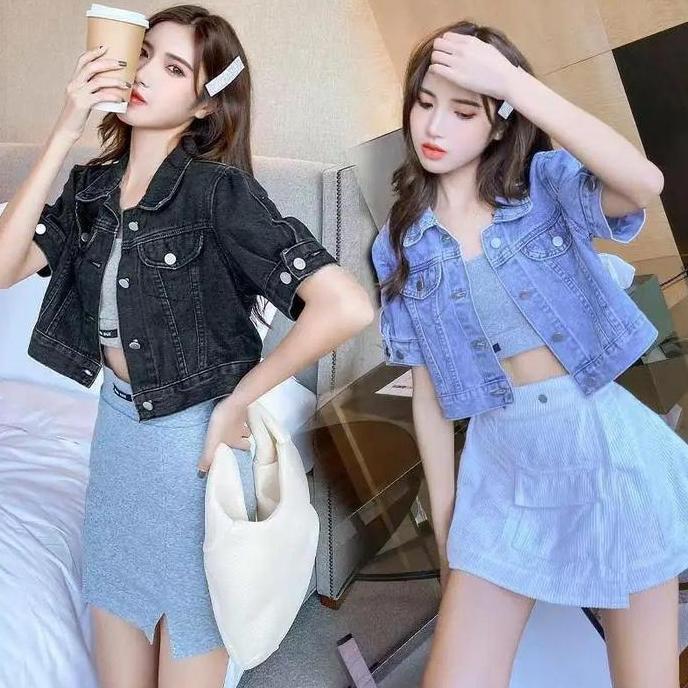 974 - JAKET JEANS CROP KOREAN GIRLS WANITA LENGAN PENDEK/ JAKET CROP JEANS WANITA LENGAN PENDEK Deni