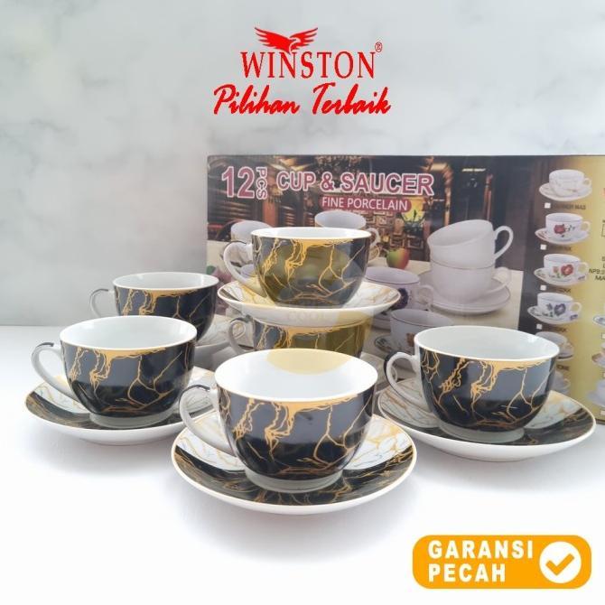 WINSTON 12pcs MONOCHROME Cup & Saucer Set Cangkir Tatakan 6Pasang
