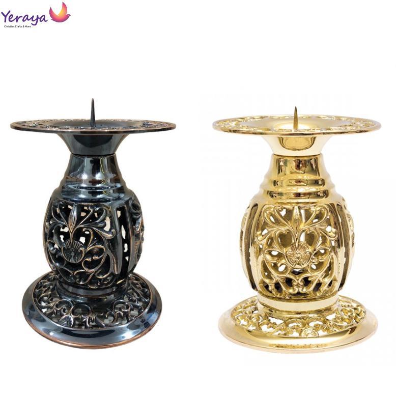 Tempat Lilin Altar Top Quality Fancy Gold + Kotak Tinggi 13cm-Tempat Lilin Kuningan