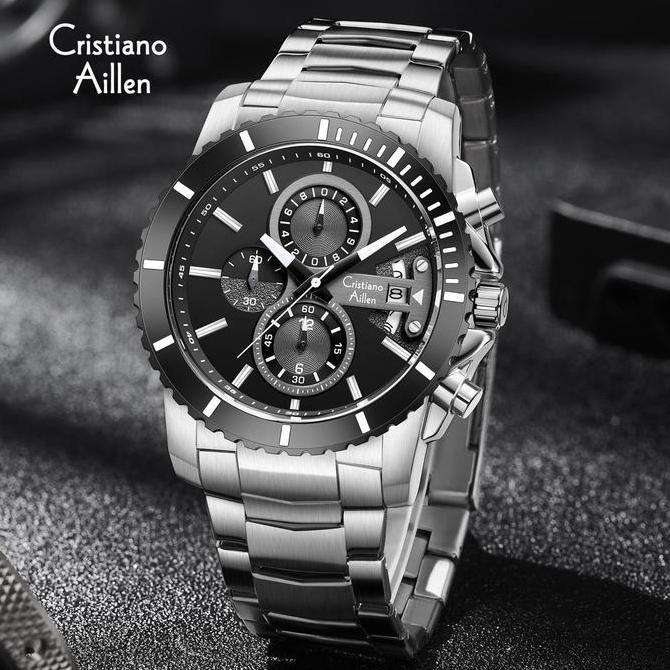 Buy 1 Get 1  Cristiano Aillen Jam Tangan Pria Analog 8898 Rantai Stainless Steel Chronograph Kaca Sa