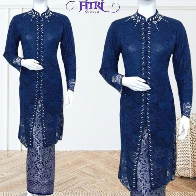 Setelan Kebaya Tunik Brokat Payet Jumbo Navy Modern Elegan Atasan Baju Kebaya Wanita Kondangan Pesta