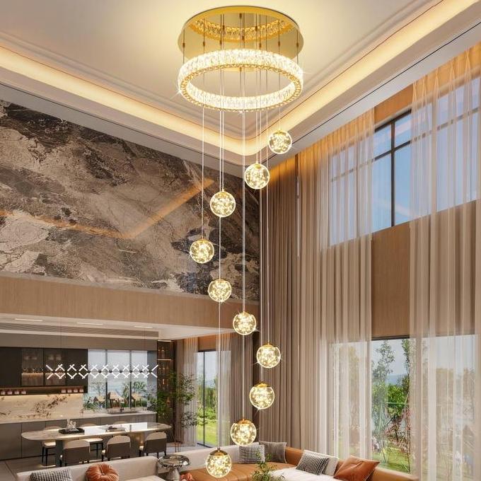 Terlaris Lampu Gantung Tangga Kristal 10 Kepala Emas 300Cm Lampu Gantung Kristal Mewah Tangga Panjan