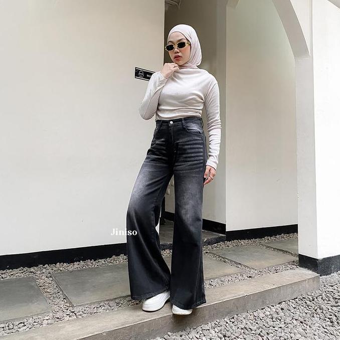 DAYOFF - JINISO Hhwaist Flare Cutbray Celana Jeans Wanita