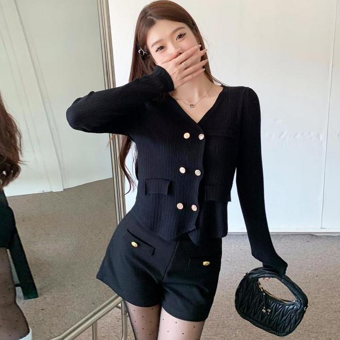 [TTEUDA] Tweed Blazer Variasi Kantong Button Gold Bawah Belah Oval Knit Premium | Atasan Rajut Wanit