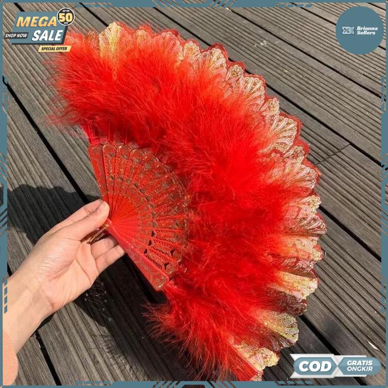 Kipas Tangan Lipat Bulu / Kipas Tari Merah Bulu / Kipas Lipat Tari Bulu Pentas - RO30-0512 2025 Bisa