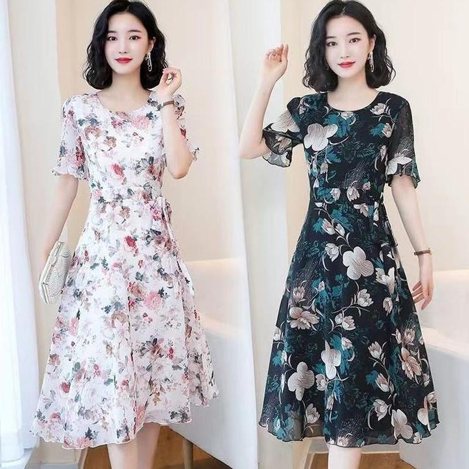 dress korea Wanita/Midi dress motif Bunga/Baju kondangan jumbo Gaun Retro  Pantai  Casual Gaun Casua