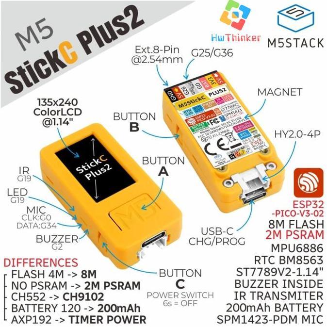 M5Stack M5StickC StickC PLUS2 PLUS 2 ESP32 ESP32-PICO 6 DOF IMU MPU6886 Mini IoT Development Kit