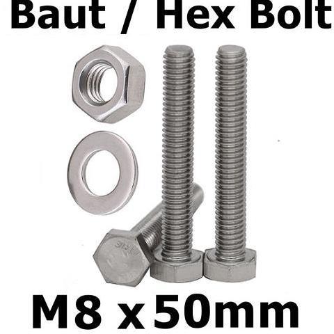 BAUT MUR RING M8 X 50 HEX BOLT BAHAN PUTIH GALVANIS KUNCI 13 UKURAN 8MM / M8 M8X50MM PITCH 1.25 KEPA
