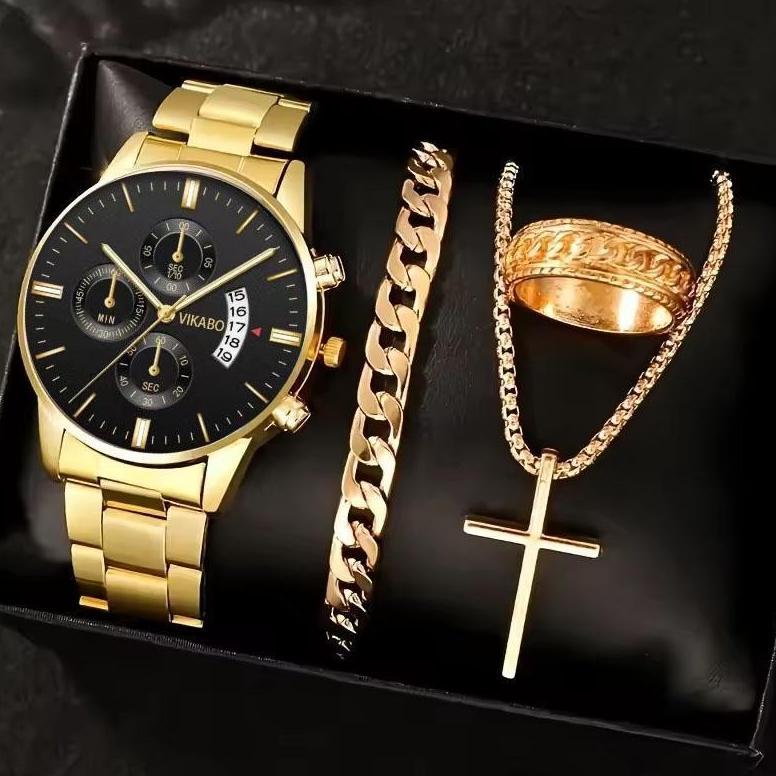 TERBARU 4PCS Jam Tangan Kuarsa Pria Bisnis Skala Romawi Dial Bulat Tali Jam Tangan Stainless Steel K