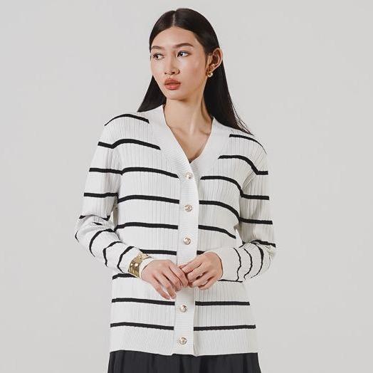 This Is April Baju Outerwear Cardan Old Money Rajut Wanita Lengan Pajang Harlow Knit Black dan White