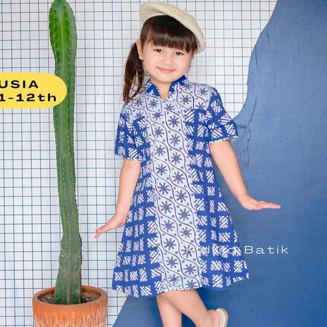 Dress Batik Anak Perempuan Baju Cewek Biru Kombinasi 1-13 tahun DN8
