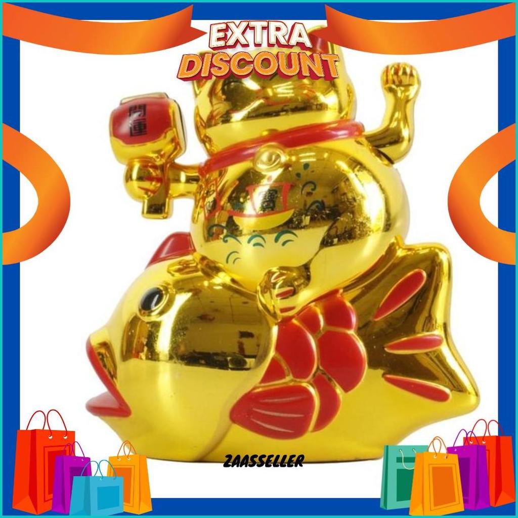 Patung Kucing Ikan Maneki Neko 16 Cm Besar Emas Merah Beruntung Lucky Cat Cod