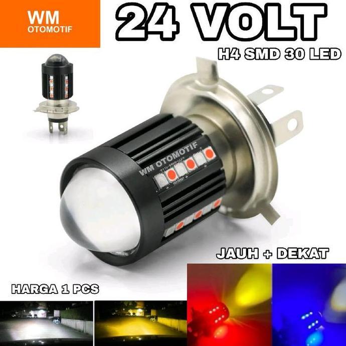 Lampu LED Utama 24 Volt H4 Laser Gun 30 Mata SMD Senja Biru Merah Depan High Low 2 Warna Putih Kunin