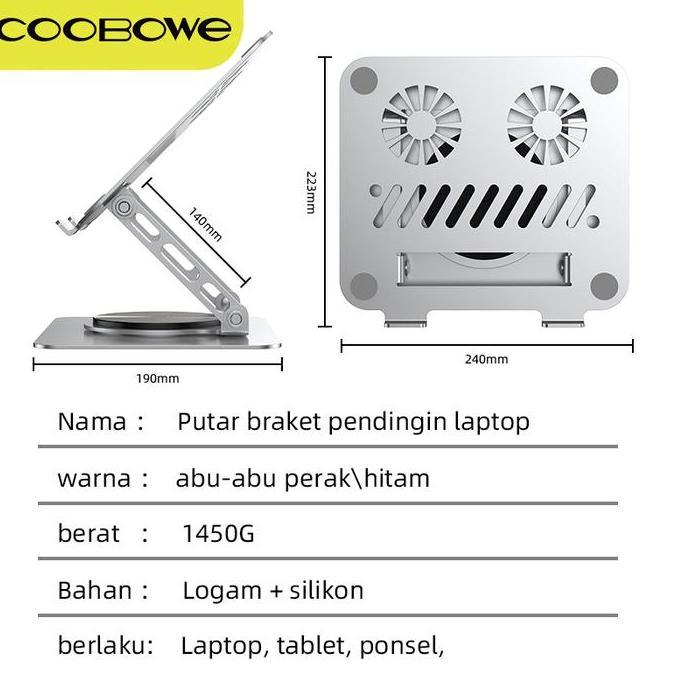COOBOWE Stand Laptop Aluminium Cooling Pad Kipas Pendingin Portable Dudukan Laptop 10-17 Inci Ventil