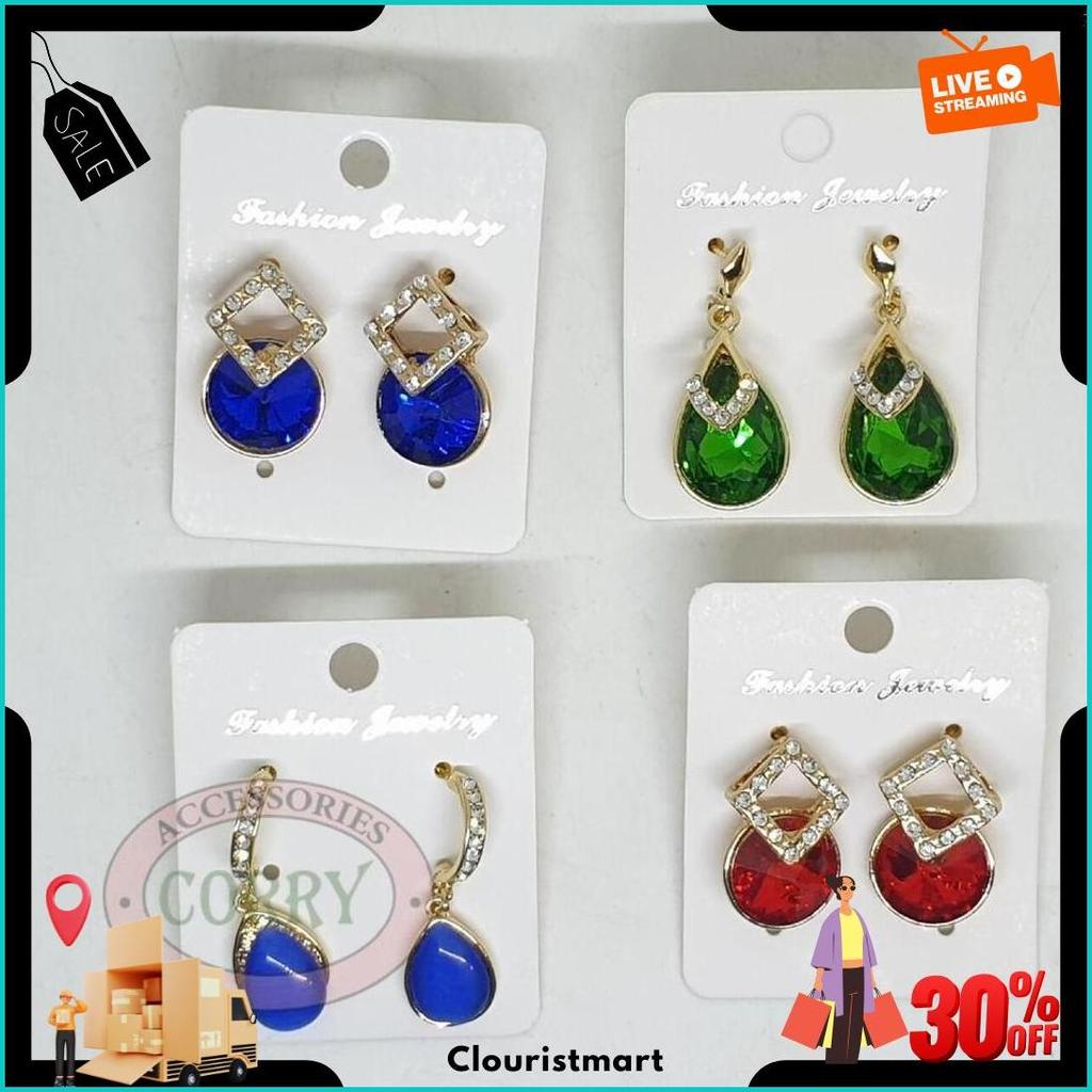 Anting Emas Berlian Batu Biru Biru Hijau Merah Ear Piece Earings Siap Kirim