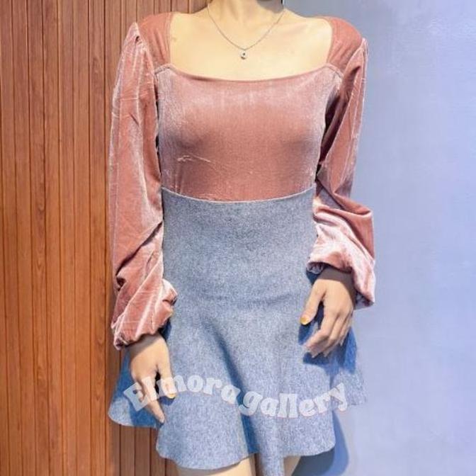 Best- Elmoragallery BJ1007 Baju Atasan Wanita Bludru Blouse Cocok Untuk Acara Casual Top Cewek Hitam