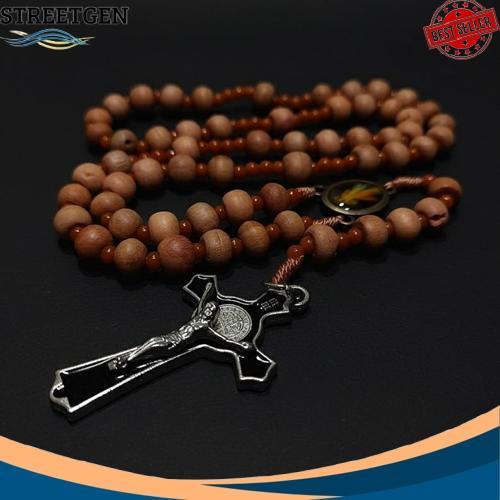 Kalung Rosario Cendana 77 Bapa Kami Kayu 8mm Katolik Aksesoris Souvenir Salib Pria Wanita Tali Murah