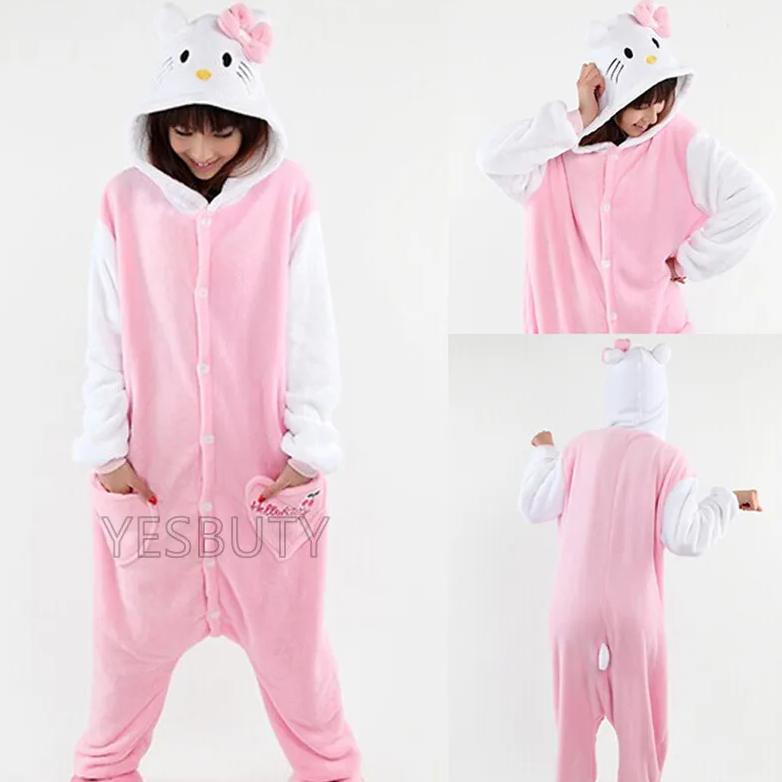 Hello Kitty Cat Onesie Cosplay Costume Kigurumi Flannel Zipper Pajamas Anime Jumpsuit Sleepwear Home