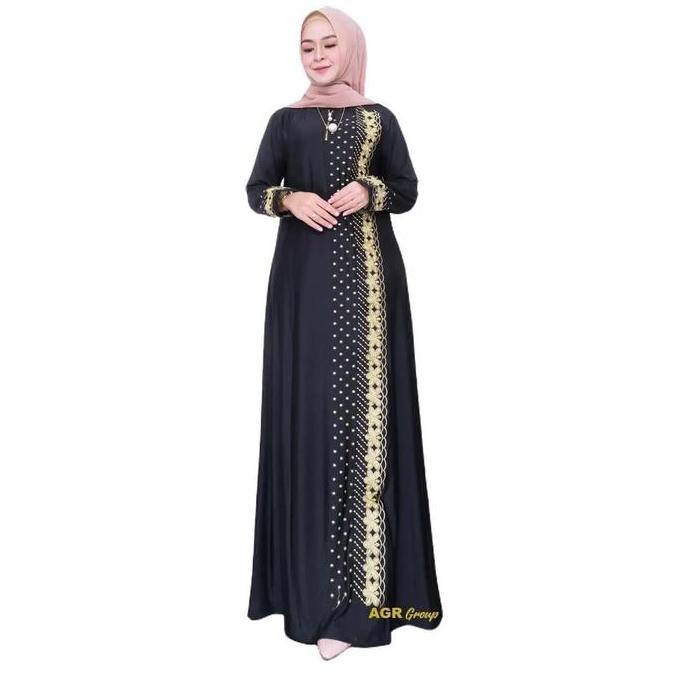 GAMIS JERSEY LIVINA BUSUI BORDIR ASLI RATU SENJA BAJU DRESS MUSLIM Fit Melar Wanita Mewah Hitam Dewa