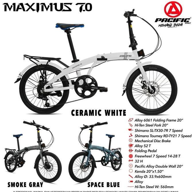 Terlaris Pacific Sepeda Lipat Maximus 7.0 Ceramic White Alloy 6061 Frame 20" Hi-Ten Steel Fork 20" S