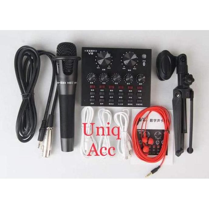 HOT SALE Paket Podcast Mic Microphone Mixer V8 Bluetooth With Tripod Stand Mini