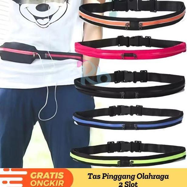 RBS - Tas Pinggang Olahraga Lari | Tas Pinggang Uni | Waist Bag 2 Resleting Elastis Karet | Tas Ikat