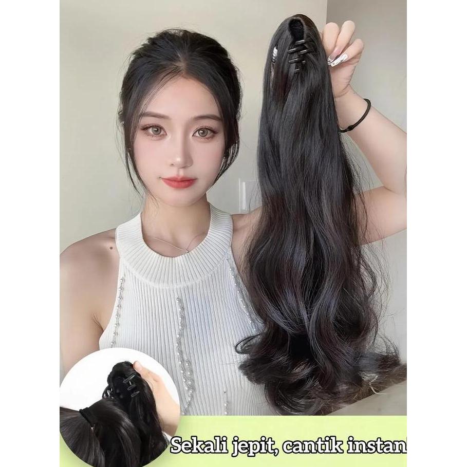Poni hair clip korea Rambut palsu ekor kuda wanita, tiruan rambut asli dengan penjepit, ekor kuda ti