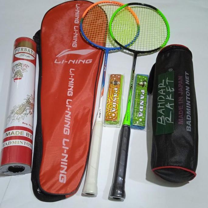 Raket Badminton Bulutangkis 2Raket 1Net 2Grip 1Slop Kok isi 12pcs +Tas