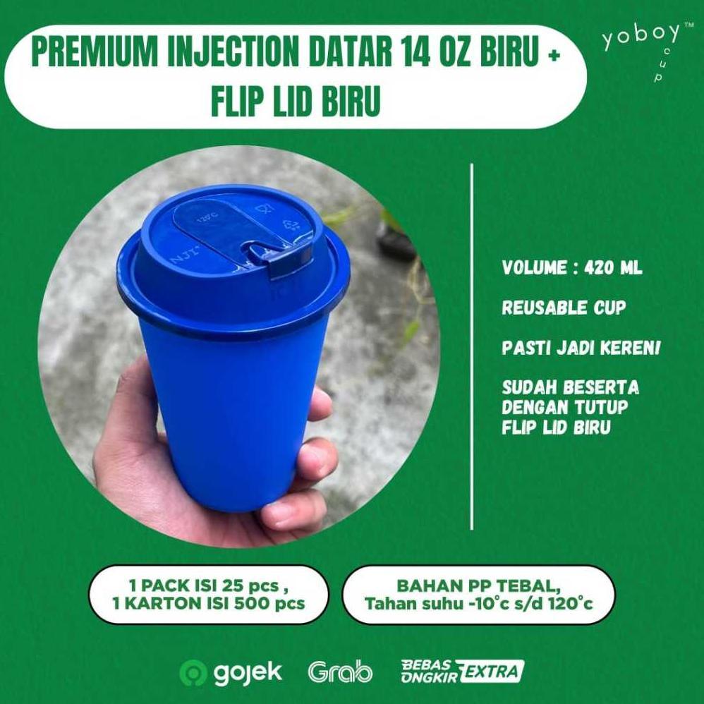 INJECTION PREMIUM CUP 14oz DATAR BIRU + FLIP LID BIRU/LID TALI BENING/SHORT FLIP BENING