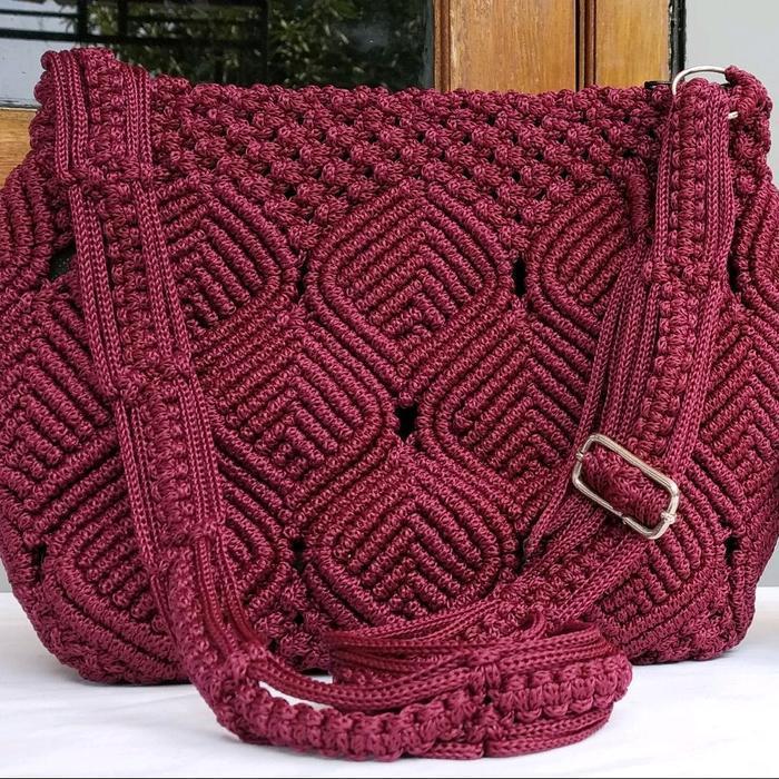 Tas Rajut Motif Daun Polos Macrame Handmade Terbaru Bahan Tali Kur Selempang Wanita Ukuran Besar
