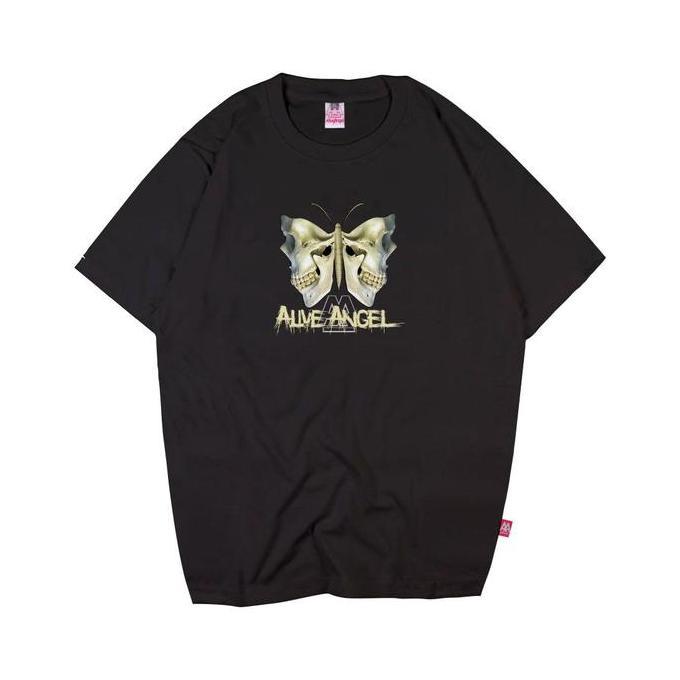 T-SHIRT DISTRO ALIVE ANGEL BUTTERFLY SKULL KUPU KUPU HITAM COTTON 30S/ TENGKORAK / LARVA / LENGAN PE