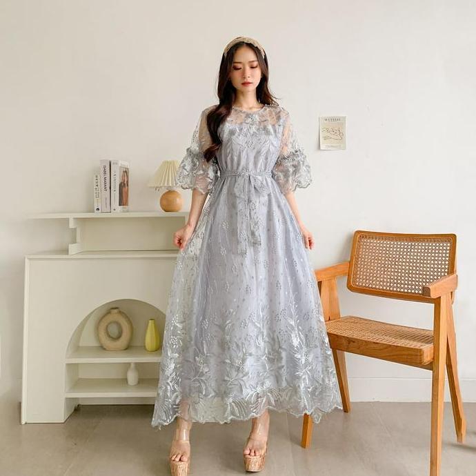 Dress wanita gereja kekinian korean style longdress daniella Brokat Casual Panjang Pesta Gaun Tile K