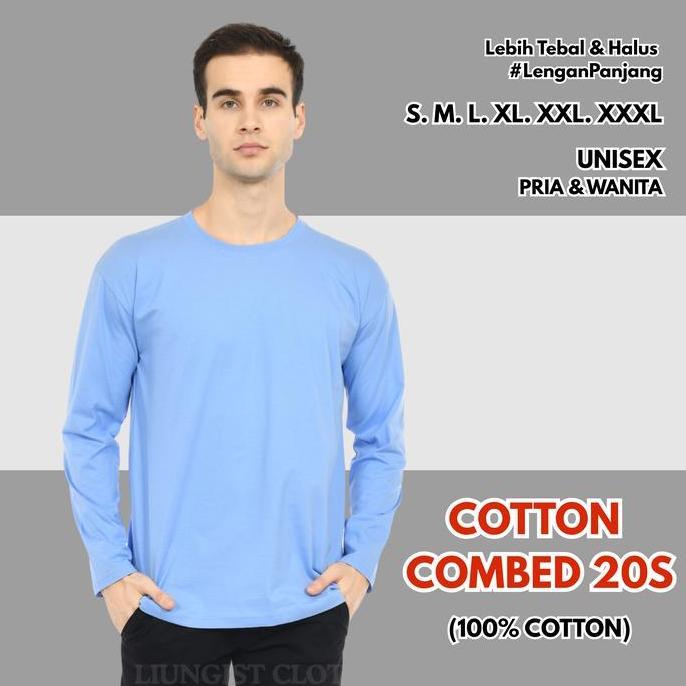 Kaos Polos Panjang Combed 20s - BIRU TELOR ASIN (100% cotton) Pria Wanita Nyaman Lembut Sablon Distr