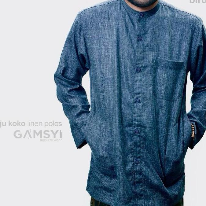 Baju koko linen Gamsyi LMH lengan panjang Polos Kerah Muslim Nyaman Putih Pria Dewasa