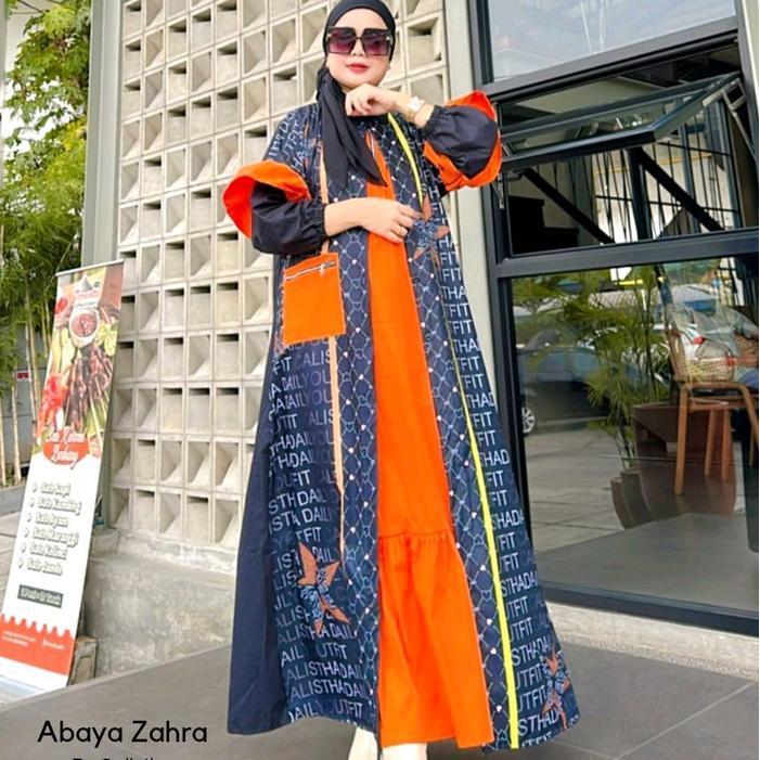 (Diskon) Set Abaya Zahra Outer Motif Printing  Mewah Muslim Bestseller