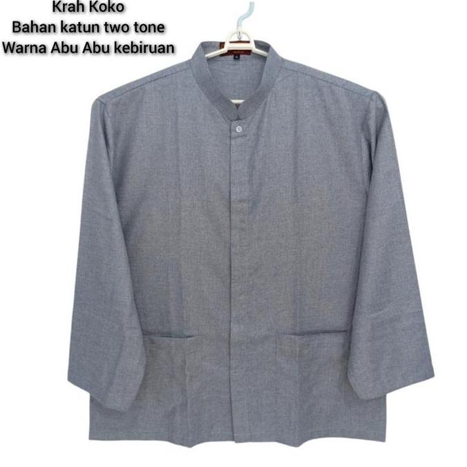 Koko pria lengan panjang warna abu kebiruan ukuran jumbo bigsize bahan katun two tone