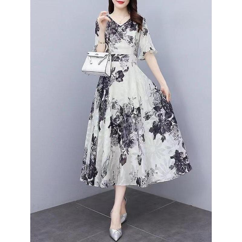 Midi Dress Gaun Sifon Jacquard Tinggi Korea Slim Casual Floral Bahan