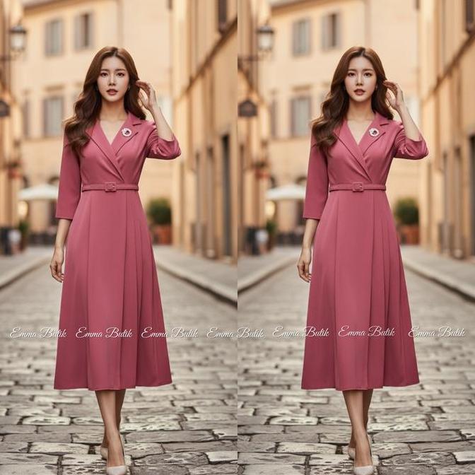 Emma.Butik E00300 Midi Dress Loma Wanita Polos Pesta Formal Kasual Cantik Gereja Kondangan V-neck Le