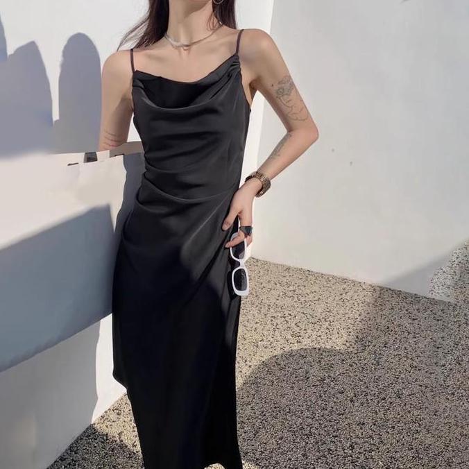 FOLADY - A075 Midi Dress Wanita Korean Style Aesthetic Premium Import Tanpa Lengan Warna Hitam Putih