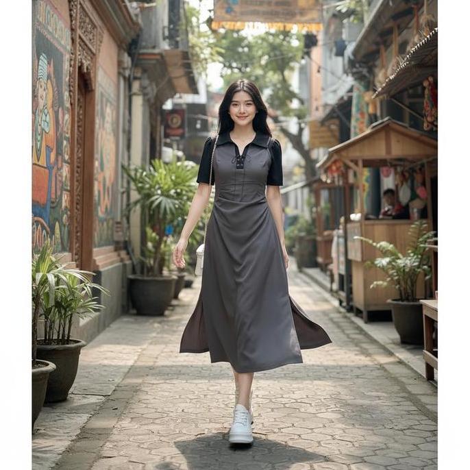 Dress Midi Kasual Wanita Hitam Abu Putih Fit Nyaman Belah Samping Pita Depan Bahan Spandek Premium S