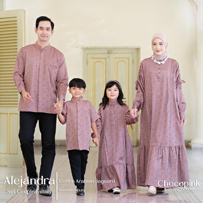 Alejandra Set Couple Gamis Koko Wanita Muslim Sarimbit Cotton Arabian Jacquard Motif Abstrak Kondang