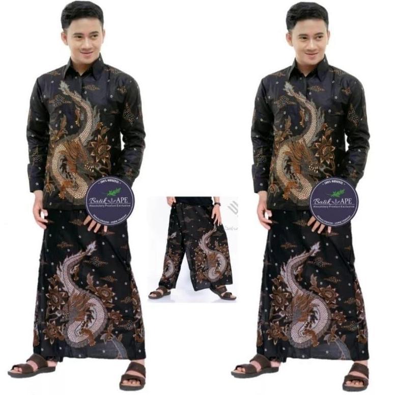 HOT SET CELANA SARUNG BATIK DAN SETELAN KEMEJA LENGAN PANJANG FREE MASKER jumbo M L XL XXL Setelan c