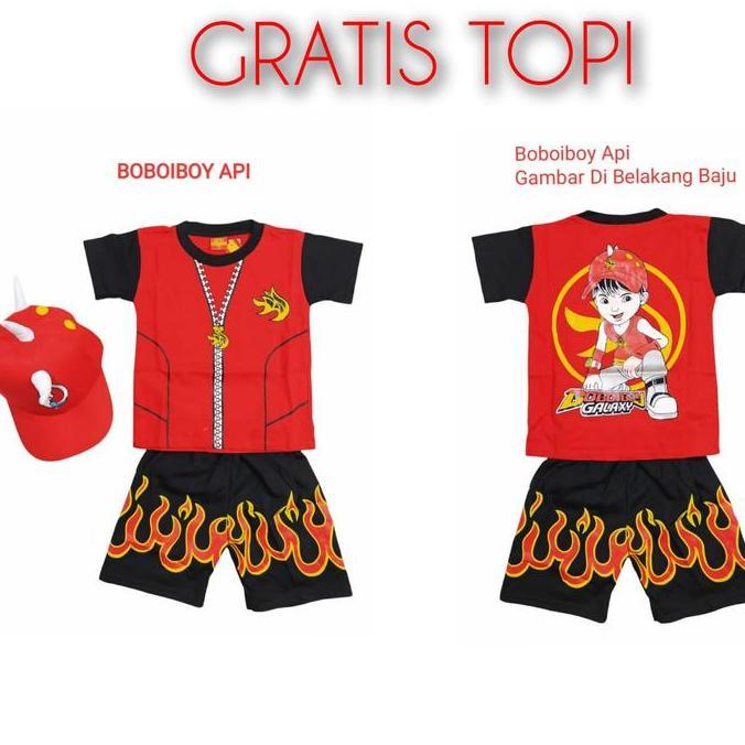 kostum baju anak boboiboy free topi / baju anak boboiboy api halilintar orange daun galaxy jeans