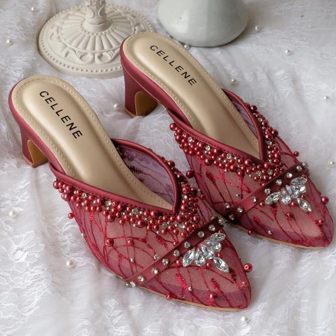 Aurora beads maroon heels / wedding shoes 5cm Wanita