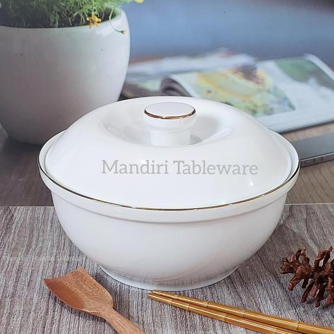 1 Set Mangkok Saji Keramik plus Tutup 23 cm | Mangkok Sayur | Gold Line | Premium Quality