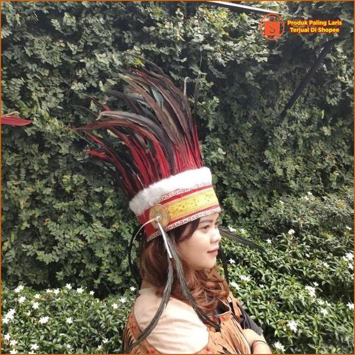 Topi Papua - Topi Adat Irian Ayam Bilabong Merah Hitam Untuk Pawai Dan Karnaval Bisa Disesuaikan