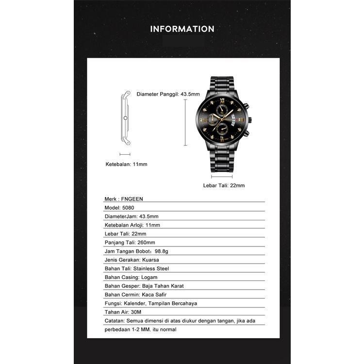 Fngeen 5080 Jam Tangan Pria Luxury Stainless Steel Quartz Original Anti Air Watch + Kotak Gratis