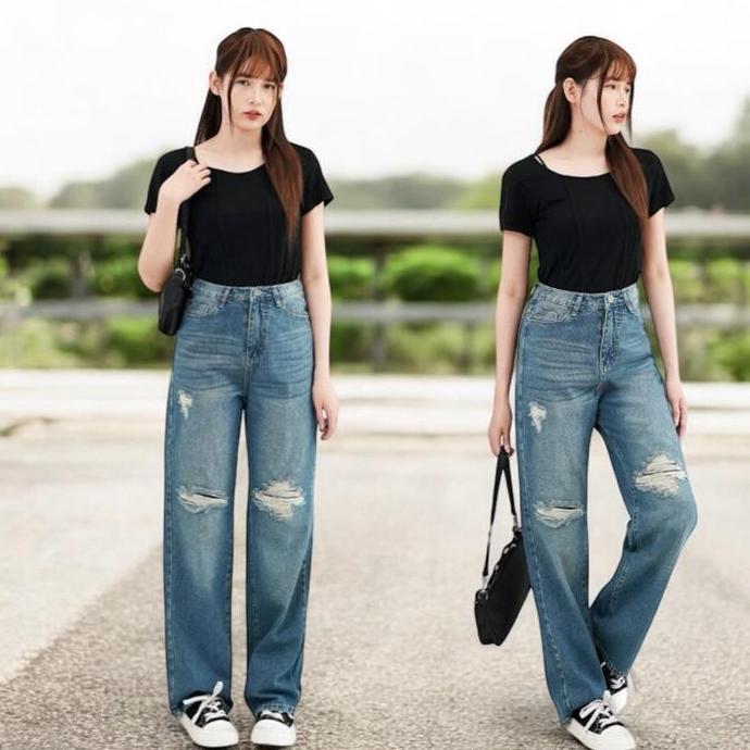 Lea hhwaist loose ripped jeans / celana jeans Lea hhwaist loose jeans Wanita